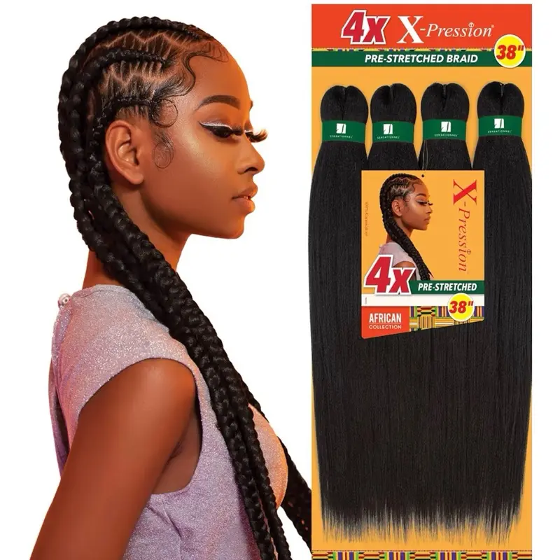 X-pression Prestretched Kanekalon Braiding Hair, 4-Pack 38-Inch, Flame Retardant, Heat Resistant Synthetic Hair Extensions for box braids and twist