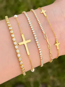 Women's Rhinestone Chain Bracelet Set with Religious Cross Charm, Elegant Jewelry Accessory for Daily Wear & Special Occasions, Stackable Bracelets