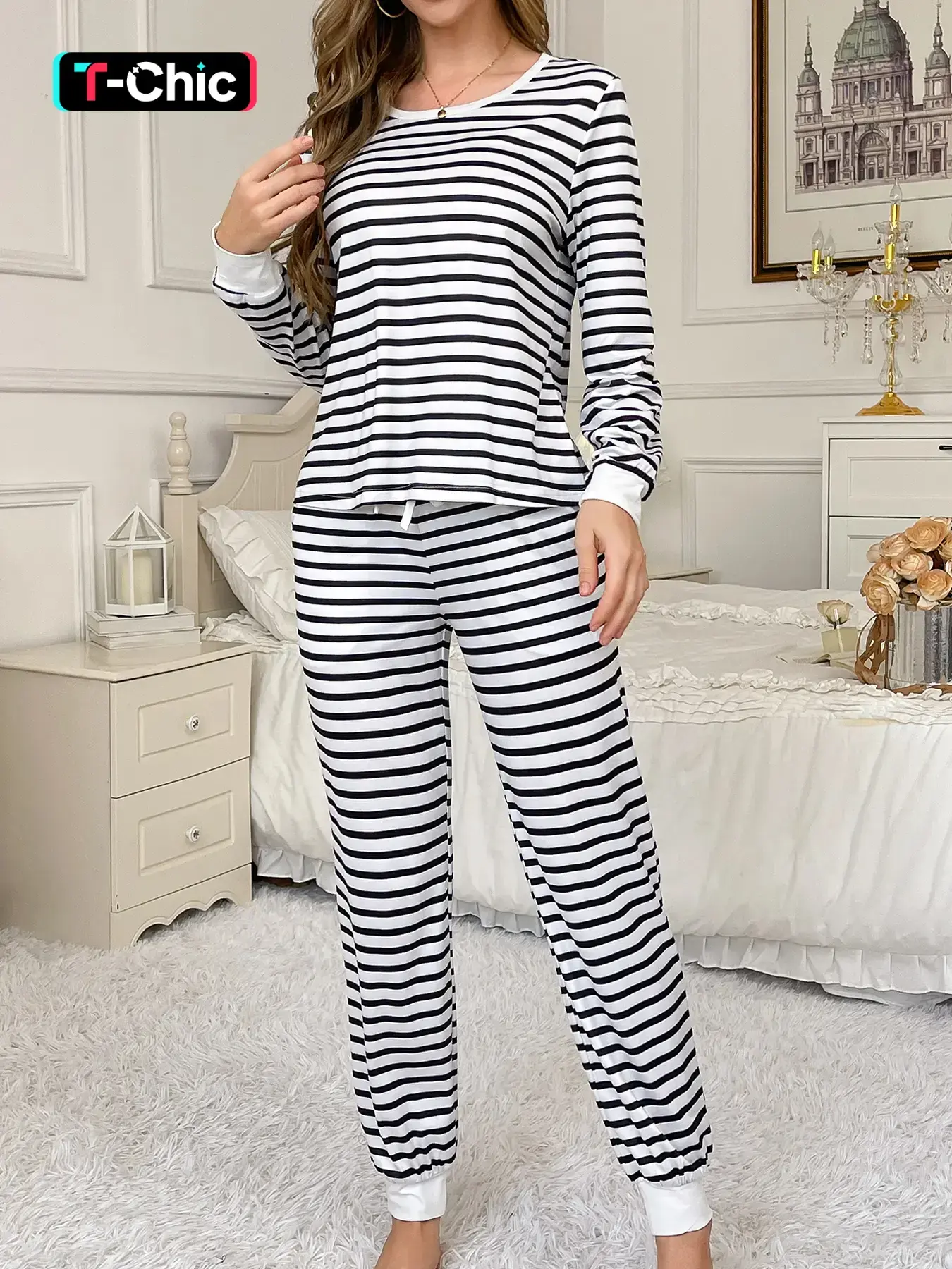 2-piece set, Stretchy outfit sets, Womenswear, black and white horizontal striped printed long sleeved pants, Fitted, soft, comfortable, smooth round neck top, elastic pants waist bow decoration suitable for all seasons home, everyday casual wear