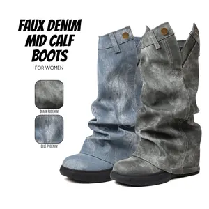 Womens Faux Denim Boots Mid Calf Boot Round Toe Slope Heels Zipper Button Design Easy Pull On Fold Over Slouchy Party Dressy Dailywear Gifts Riding Summer Casual Shoes