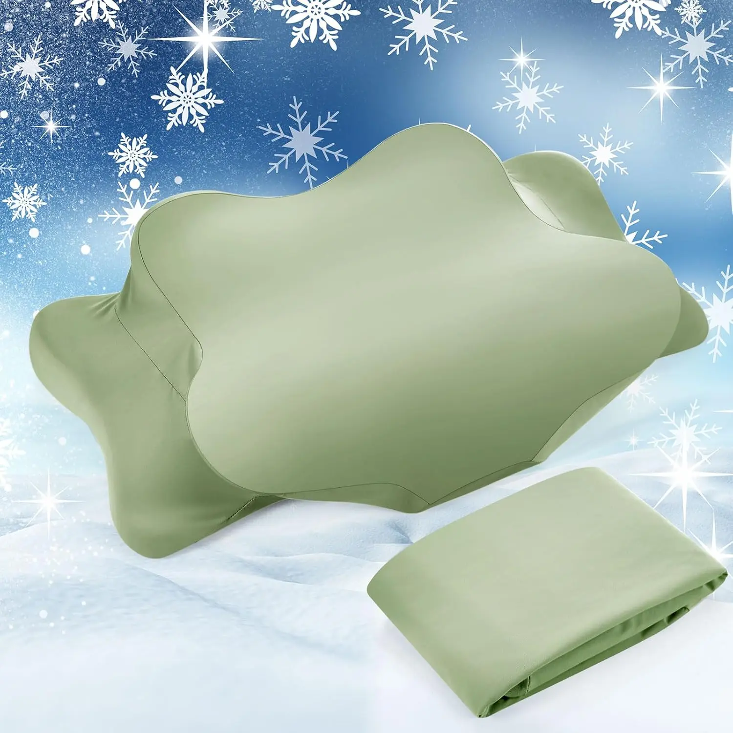 Hahafelt Cooling Cervical Neck Pillowcase Cover (Pillow Case Only) - Ergonomic, Breathable Zippered Contour Pillow Cover for Side, Back Sleepers (Saga Green, Standard Size)