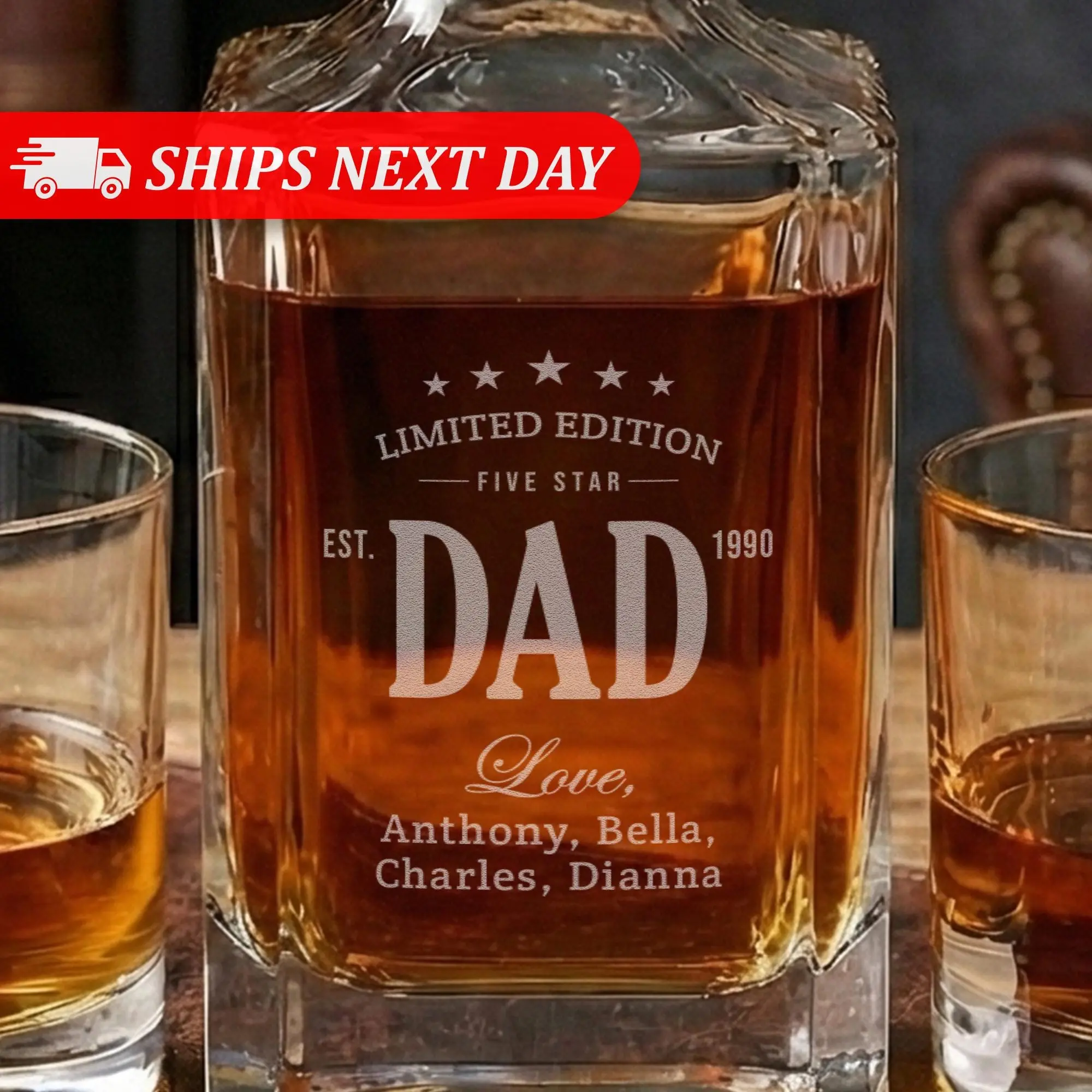 Personalized Father’s Day Whiskey Decanter Set - Custom Engraved with Kids' Names - 3pc or 5pc Bourbon Gift Set for Dad & Grandpa - Permanent Etched Glassware
