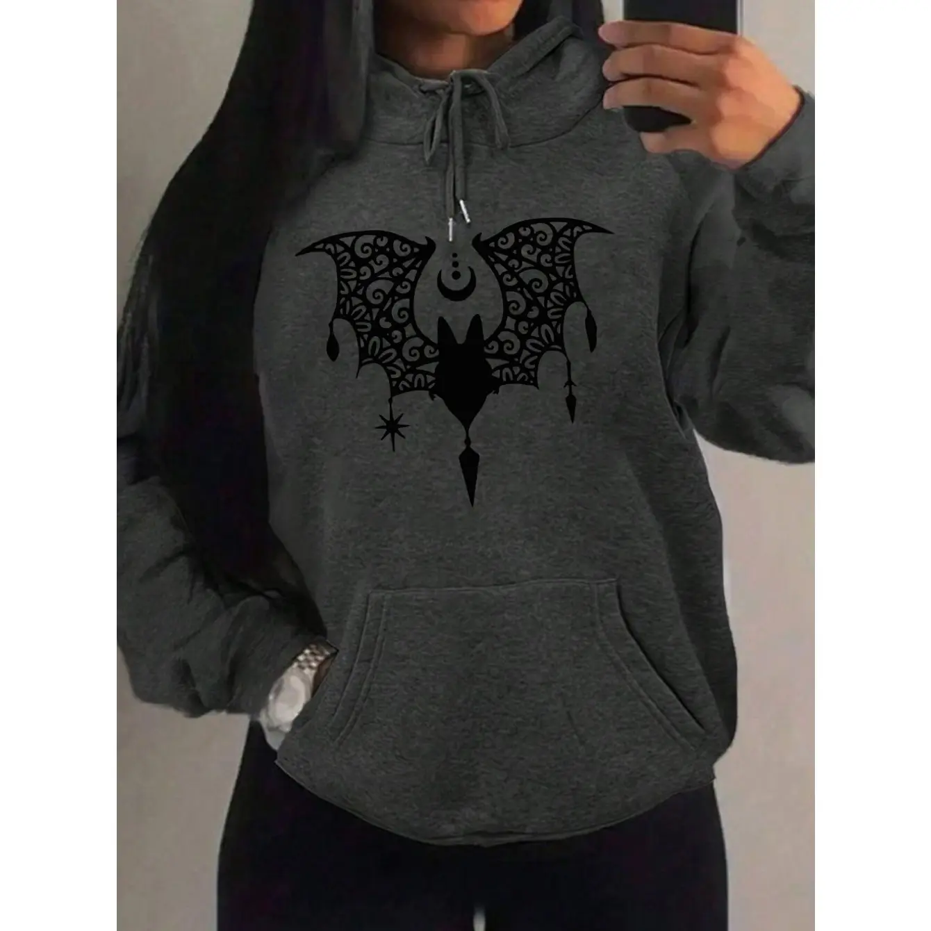 Women's Bat Print Hoodie with Spider Web Graphic, Soft Cotton Blend Streetwear Top with Comfortable Stretch, Fitted, Gothic