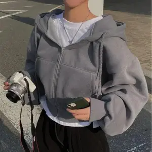 Autumn Winter New Insfleece-lined Versatile Cropped Slims Smooths Silhouette Zip-up Warm Navy Blue Hooded Sweatshirt Women Tops Clothes(Sheets)