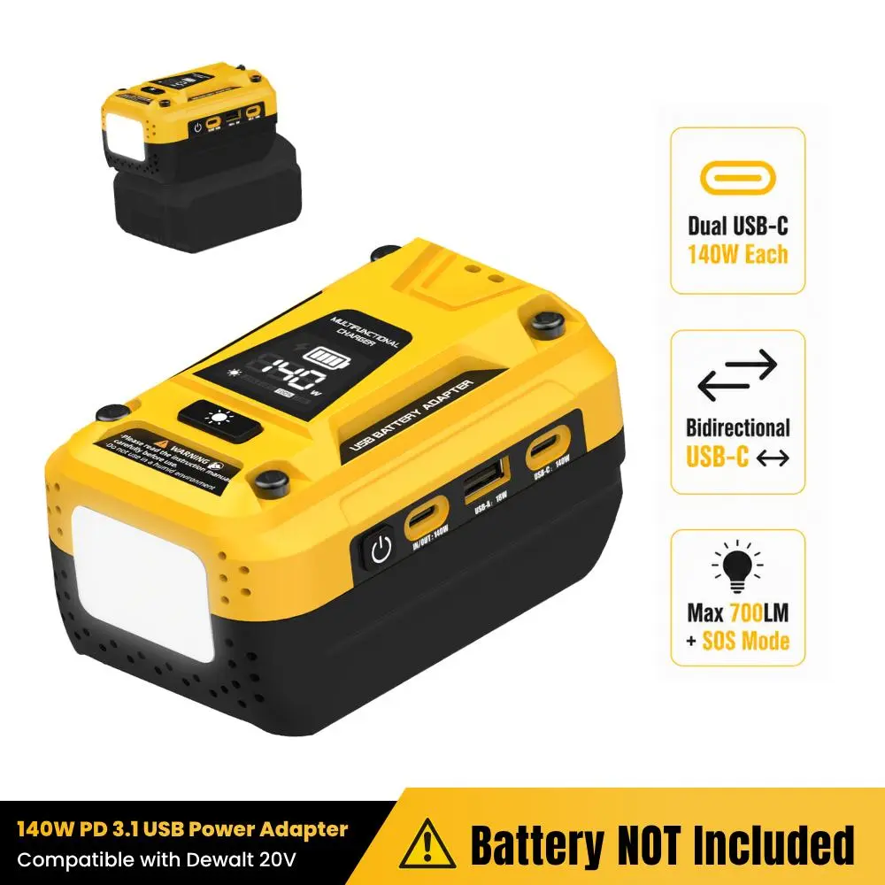 Azocek 140W PD 3.1 Fast Charging USB Adapter for Dewalt 20V Battery, Bidirectional Battery Charger & Power Station with Dual USB-C, 18W USB-A, LED Display & 5-Mode Work Light (Battery Not Included)