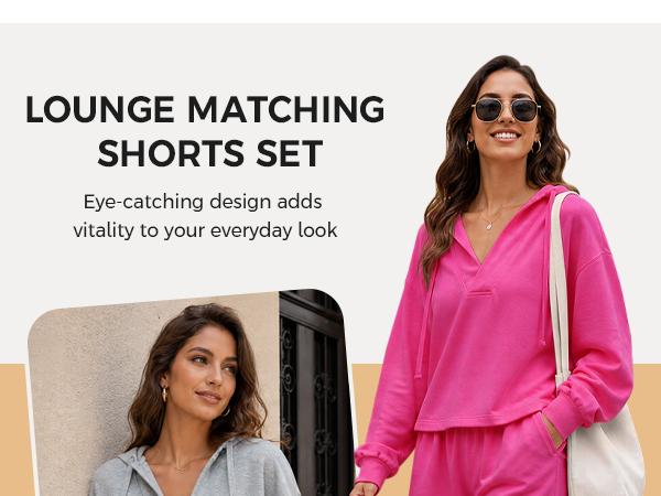 Fisoew Womens 2 Piece Lounge Matching Sets Hoodies and Shorts Sweatsuits | Long Sleeve, V Neck, Two Piece, Oversized, Pullover Sweatshirts, Tracksuit, Active, Athleisure, Fall Outfit, Travel Vacation