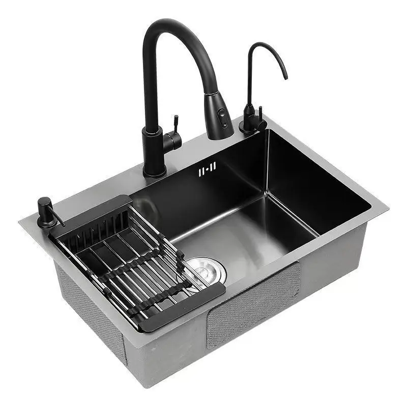Black Kitchen Sink, Stainless Steel Single Bowl Sink Kit | Top Mount/Drop-in 3-Hole Kitchen Sink, with Faucet, Drain Strainer, Dispenser, RV, Kitchen Drain Kit