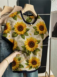 Elegant Women's Sunflower Floral Print Round Neck Sweater, Spring Summer Fall Casual Short Sleeve Knit Top, Breathable Color Block Design, Knitwear