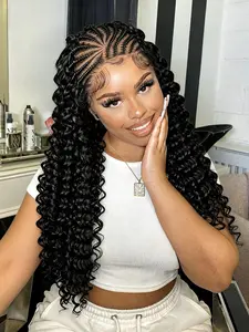13x6 HD Lace Fulani Braided Wig, Curly Ends for Women, Glueless Stitch Feed-In Braids, Natural Boho Goddess Braids, Boho Style Wigs
