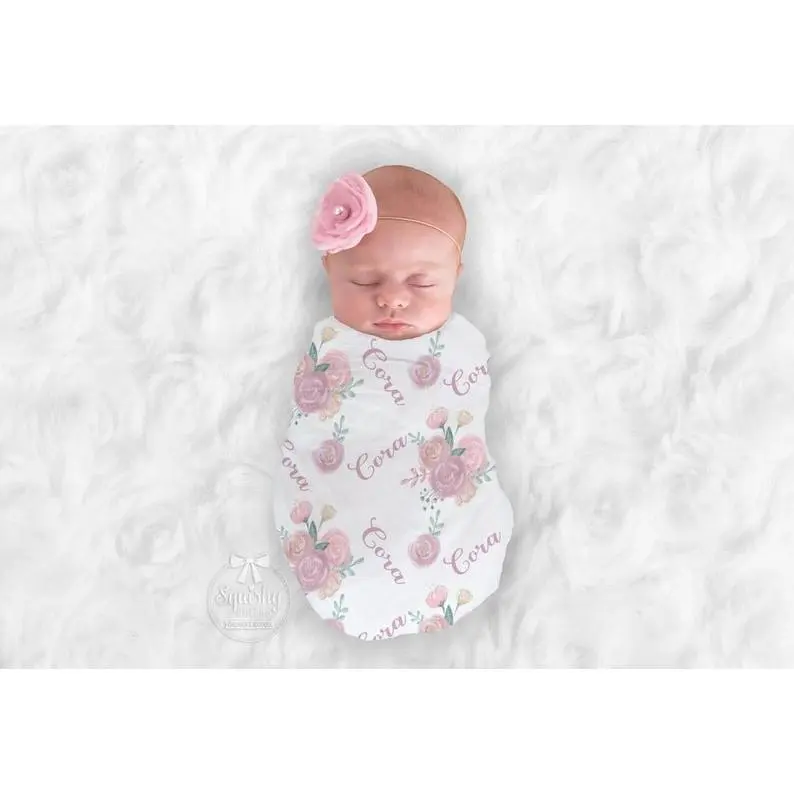 Girl's Personalized Pink Floral Swaddle Blanket