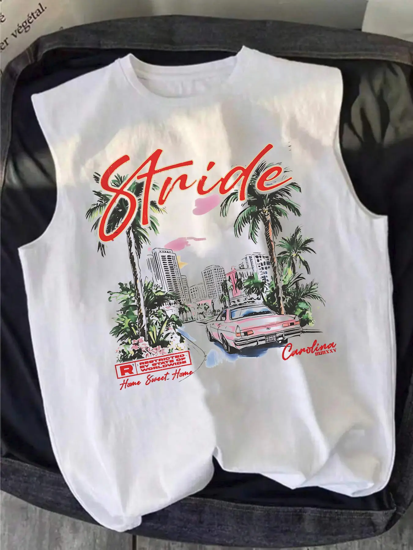 Men's Graphic printed streetwear tank vest, featuring a combination of landscape, car, letter, and urban design patterns. Suitable for casual everyday wear, made from medium-weight knitted fabric.