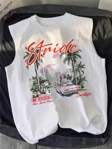 Men's Graphic printed streetwear tank vest, featuring a combination of landscape, car, letter, and urban design patterns. Suitable for casual everyday wear, made from medium-weight knitted fabric.