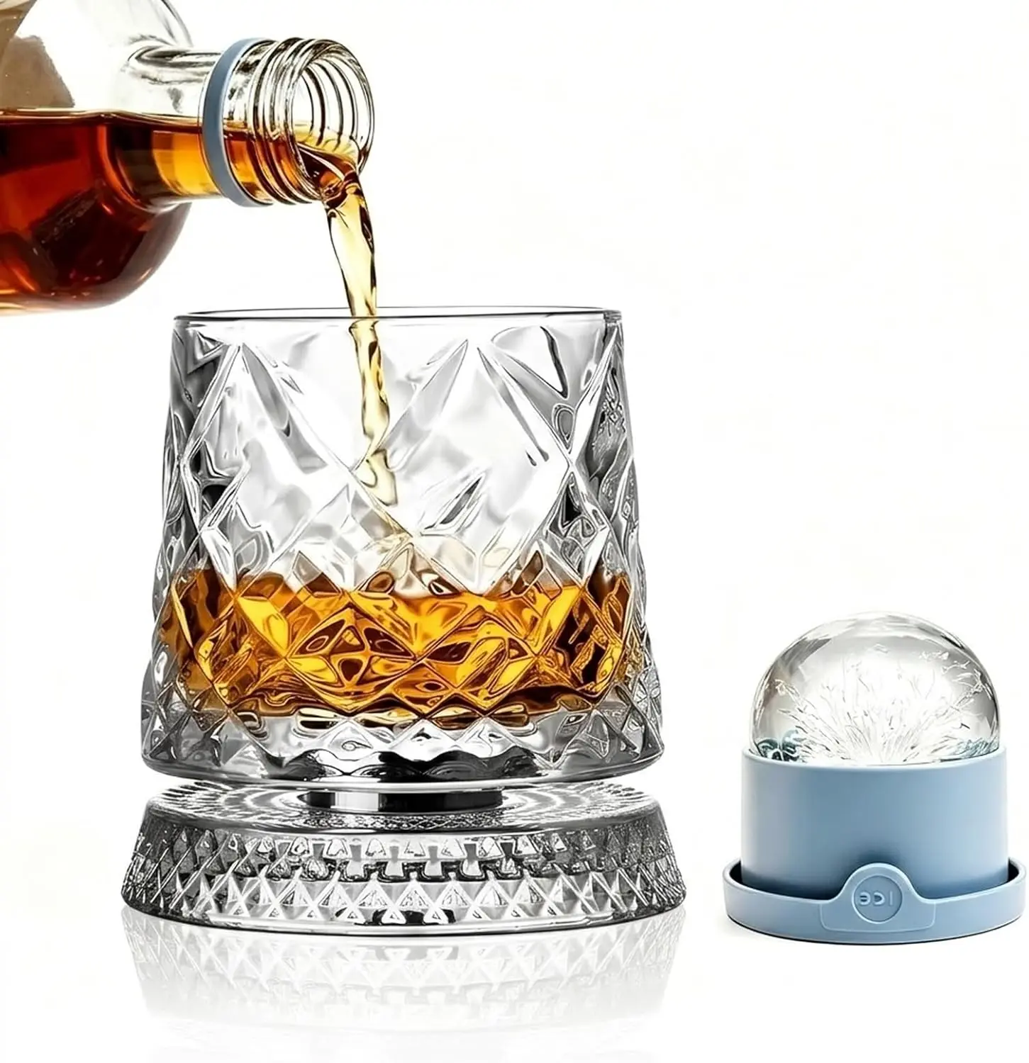Spinning Whiskey Glasses  With Iceball Molds, 9.5oz Lead-free Rotating Old Fashioned Rocks Glasses for Bourbon, Scotch, Liquor and Cocktails, Gifts for Whiskey-lovers