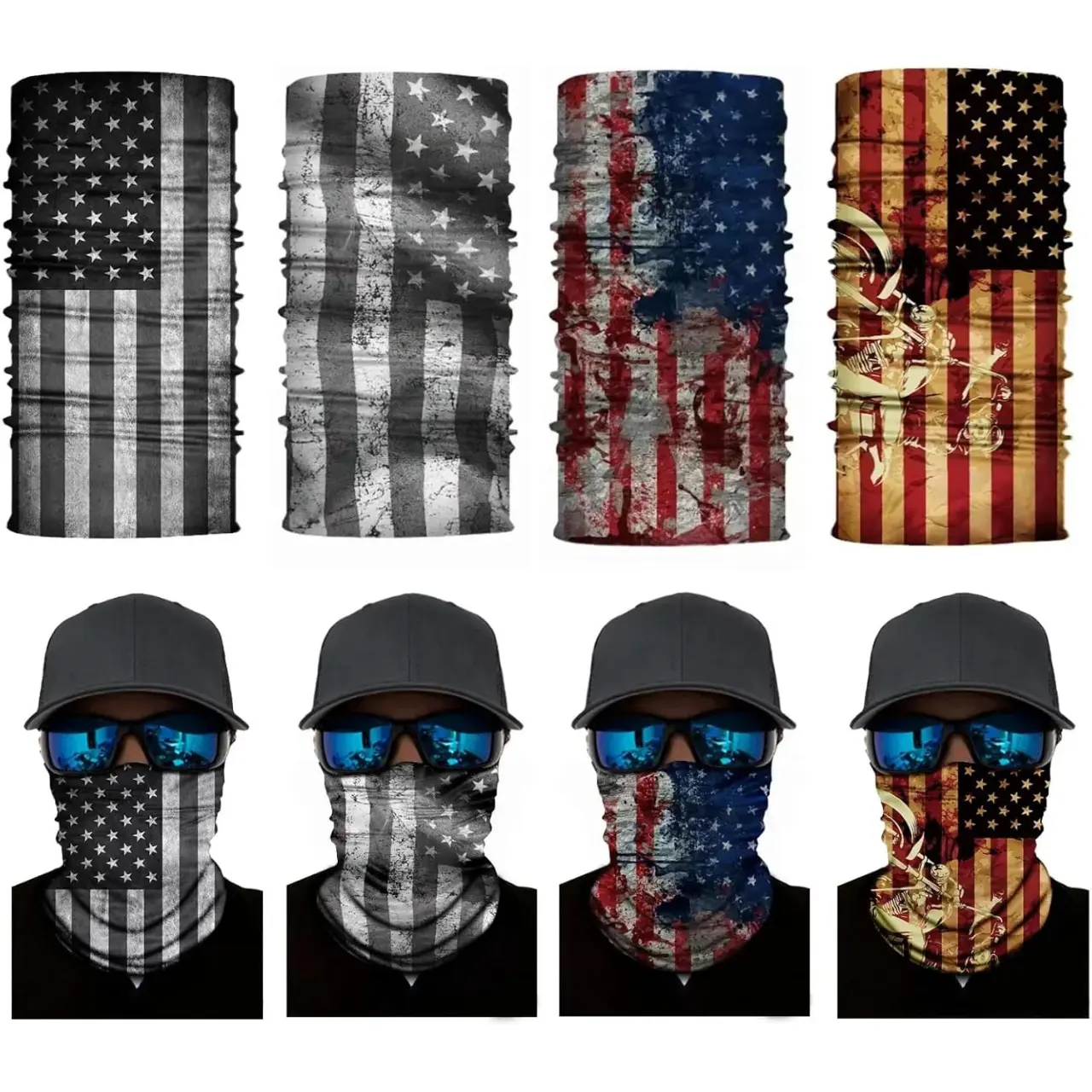 4PCS Seamless American Flag Face Mask, US FLag Neck Balaclava Bandana, Sun protection for Men & Women
