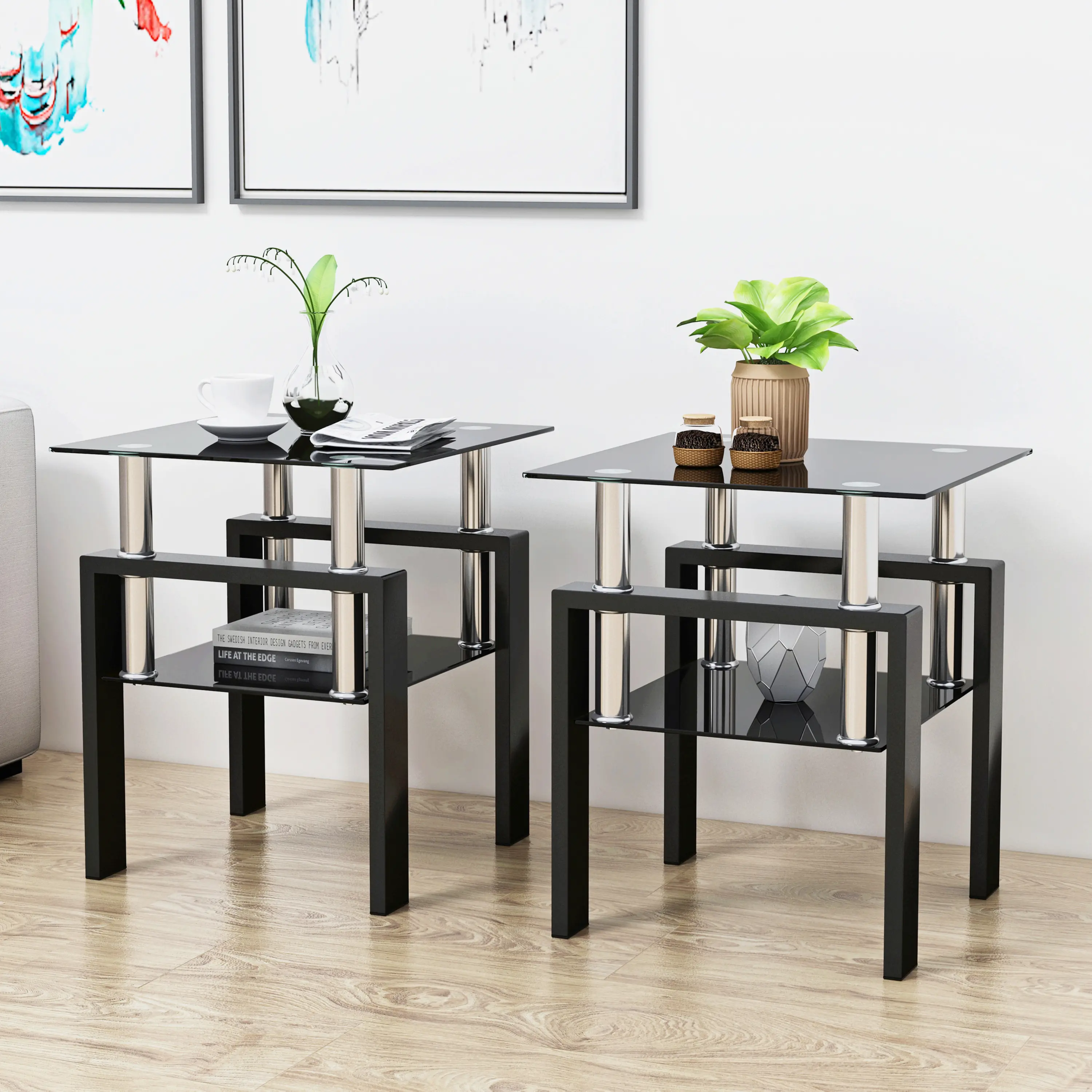 Minimalist Black Tempered Glass Square Coffee Table - 1-Piece or 2-Piece Indoor Set with Metal Legs, Easy Cleanup, Simple Setup, Multi-Functional Living Room End Table summerwins, End Tables, Bedroom