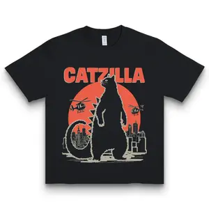 Monster Graphic T-Shirt, Black Godzilla Cat Parody Tee, Funny Giant Cat Monster City Art Shirt