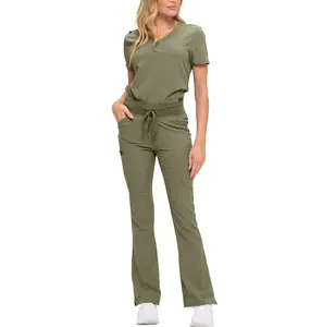 Monarch Uniforms Women’s Soft Stretch Scrub Set With Nine Pockets– V-Neck Top & High-Waisted Bootcut Pants