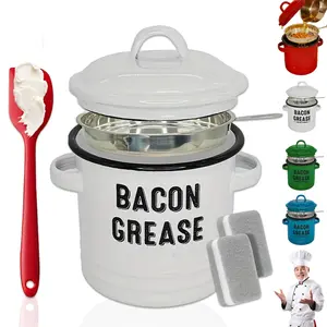 Bacon Grease Container with Strainer & Food-Grade Silicone Spatula& Silicone brush.Keeper, Kitchen Oil Dispenser with strainer & Lid, Olive Oil Dispenser, Bacon Grease Container,Large Enamel Rustic Farmhouse Fat Container. Kitchen Gadgets Clearance