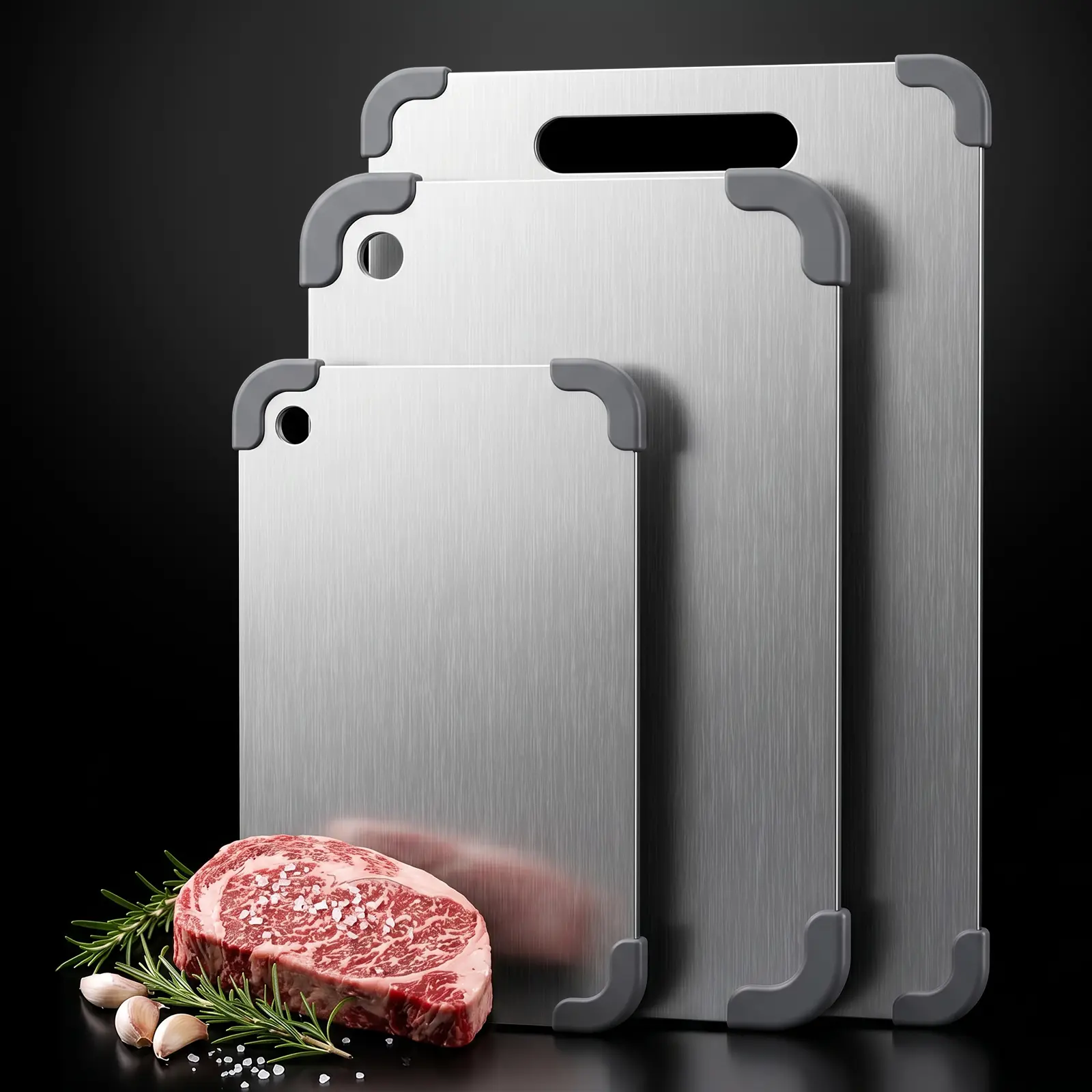 LOVEWE Premium 304 Stainless Steel Chopping Board Set - Sturdy, Durable Kitchen Board with Non-Slip Silicone Base, Easy to Rinse & Maintain, 3 Size Options for Everyday Kitchen Tasks