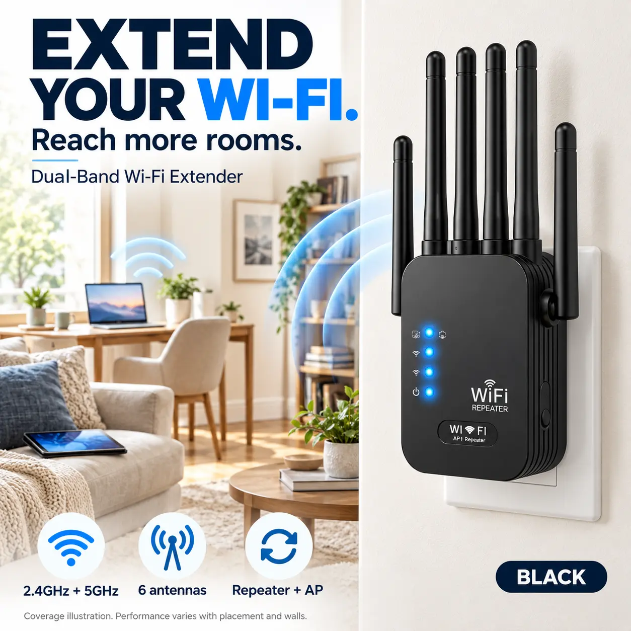 Dual-Band Wi-Fi Extender with 6 Antennas 2.4GHz & 5GHz Support for Enhanced Coverage and Performance in Multiple Rooms
