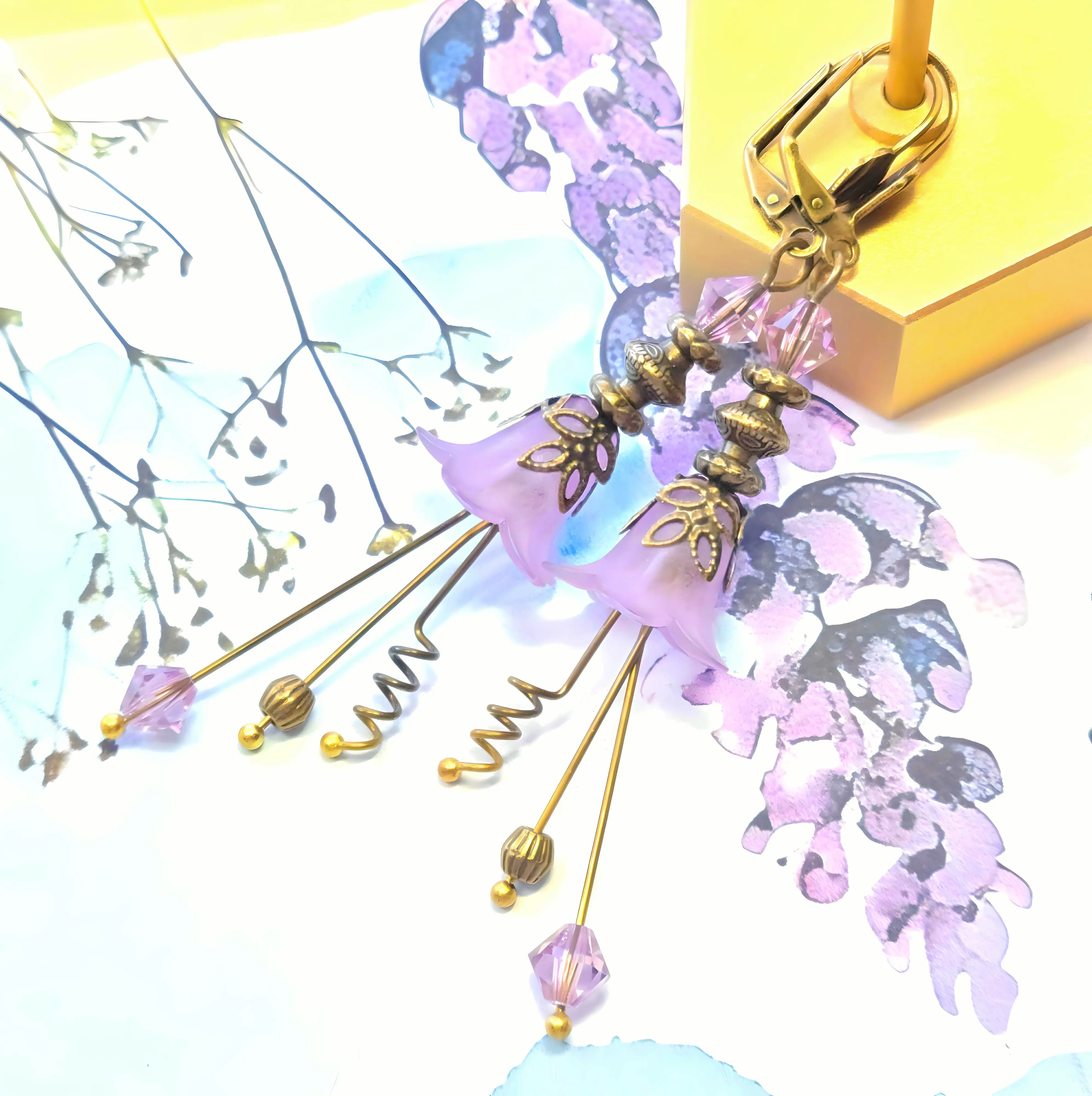 Chic Brico Vintage Victorian Style Lilac and Antique Bronze Bell Flower Lucite Earrings