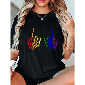 100% Cotton Skeleton Rock Hand LGBT-Q Cool Rainbow Flag Gay Pride Ally T-Shirt Breathable Fabric pride  parade  outfits rainbow  outfits