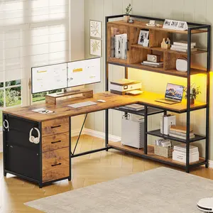 Shaped Computer Desk, 58'' Office Desk with 3 Drawers and Bookshelf, L Shaped Corner Desk with Storage Shelves and LED Light for Home Office, Gaming Desk, L Desk