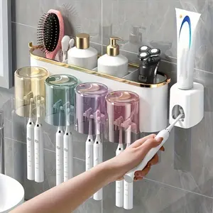 1 set Space-Saving Wall-Mounted Bathroom Organizer with Hypoallergenic Toothbrush Holder & Toothpaste Squeezer, Bathroom Accessory, Toothbrush Storage