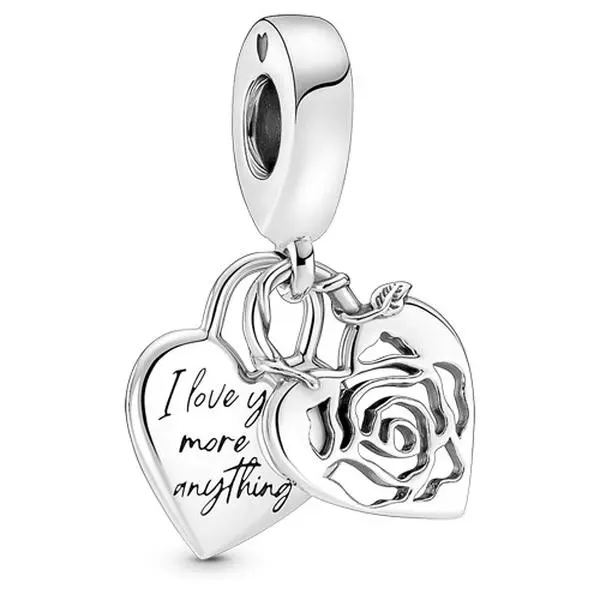 PANDORA Dangle Charm, Elegant Sterling Silver Heart-Shaped Padlock with Rose Cut-Out, Engraved with Words - Romantic Gift, Engravable Charms & Pendants, Decorative Charms & Pendants
