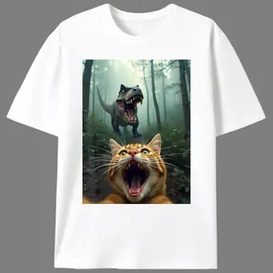 "Funny Cat Selfie with T-Rex T-Shirt |   Dinosaur Cat Meme Tee |   Pet Humor Apparel"