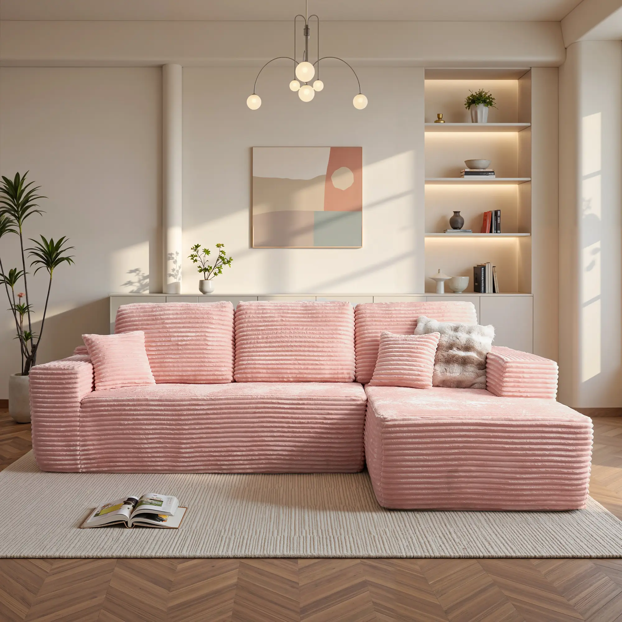 Pink Plush Corduroy Right Chaise