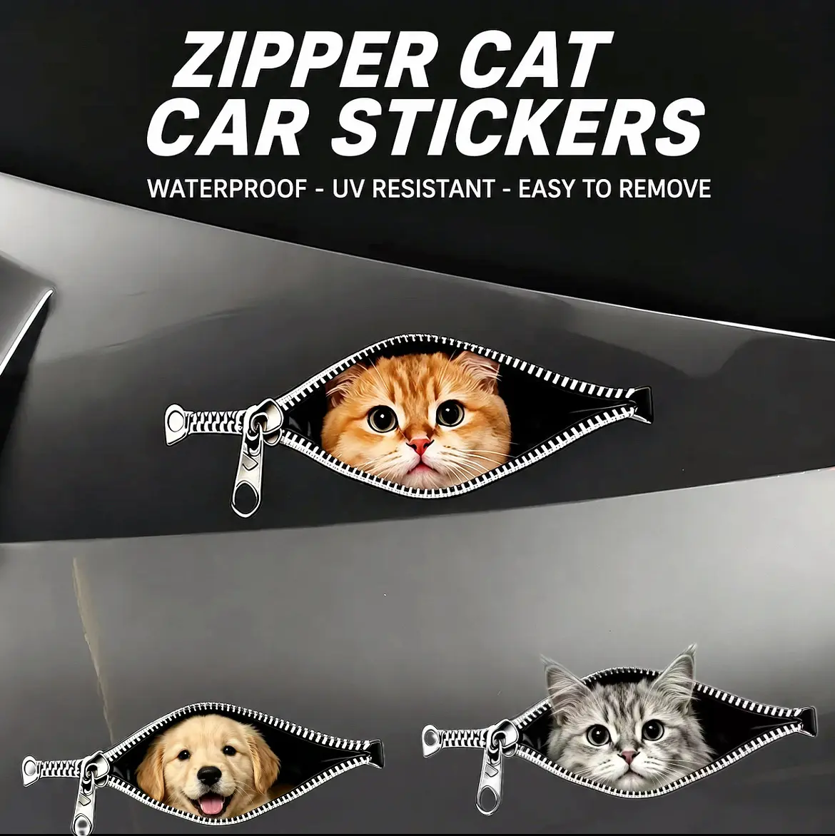 Funny 3D Zipper Peeking Cat Car Stickers Cute Waterproof Vinyl Decals Pet Pattern Car Sticker for Car Window Body Bumper Easy Apply Remove Fun Gift for Cat Lovers  Girly Decals for Car