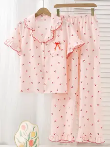 Plaid Cherry Print Pajamas Set, Short Sleeve Top and Long Pants, Sweet Comfortable Cute Feminine Women's Homeewear, Button Front Robe with Bow Decor
