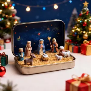 Mini Christmas Nativity Set in a Tin Box, Handcrafted Mini Pocket Nativity Scene Set, Holy Family Display, Small Religious Ornament, for Desk, Shelf, Office, Christmas Decoration (1 Set)