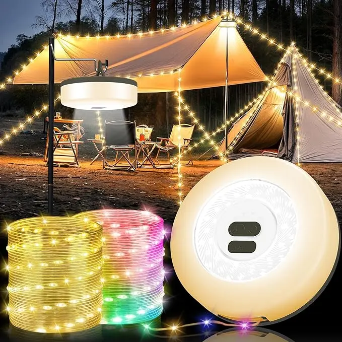 Rechargeable Camping String Lights with Reel - 32.8ft Copper Wire Fairy LED Strips, 4-in-1 with Flashlight, 9 Modes, 1800mAh Battery, 3-8 Hours Use, IP4 Waterproof for Christmas, Bedroom, Yard