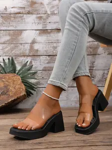Women's Transparent Band Chunky Heel Sandals, Waterproof Thick Sole High-Heeled Mules, Elegant PU Leather Slip-On Shoes
