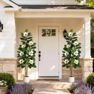 4/5/6FT Artificial Fiddle Leaf Fig & Rubber Tree, White Planter with Magnolia & Pink Flowers, Real Touch Leaves Fake Floor Plant for Home Office Decor, Silk, Decorative, Synthetic, Plastic,summervibes
