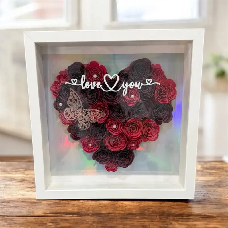 Valentine's Day Heart Paper Flower Shadow Box with 'Love You' Inscription and Colorful LED Lights for Romantic Decor