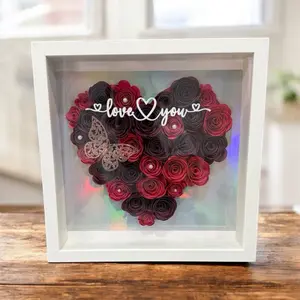 Valentine's Day Heart Paper Flower Shadow Box with 'Love You' Inscription and Colorful LED Lights for Romantic Decor