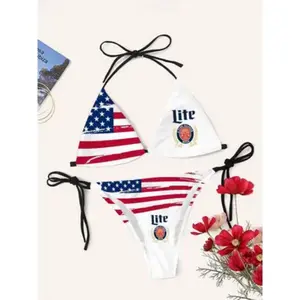 Miller Beer American Flag Triangle Bikini Set, Trendy Swimsuit for Women, 2026 Independence Day Gift, Quick-Drying Clothing, Outdoor Wear, Summer Beach Outfit, Gift for her