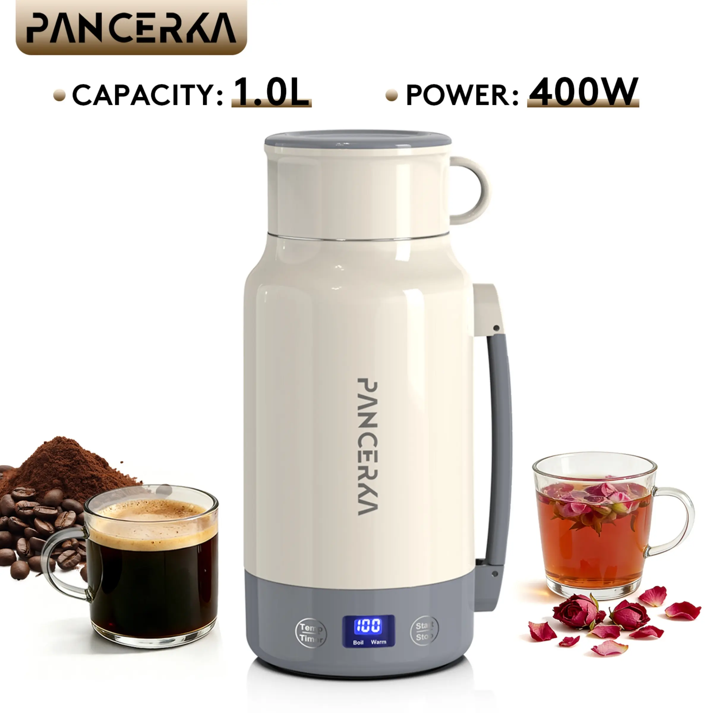 PANCERKA Portable Electric Kettle, 1L Travel Electric Kettle with Fast Heating, Smart Temperature Control, 304 Stainless Steel, Boil & Keep Warm, Easy to Clean for Home, Office & Travel