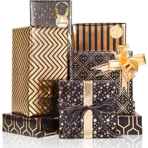 Larcenciel Gift Wrapping Paper Set, 6 Sheets Metallic Black Gold Foil Wrapping Paper W/Gift Bow & Sticker, Shiny Luxury Men Boys Gift Wraps for Birthday, Holiday, Graduation, Baby Shower, 27.5X19.6In Larcenciel