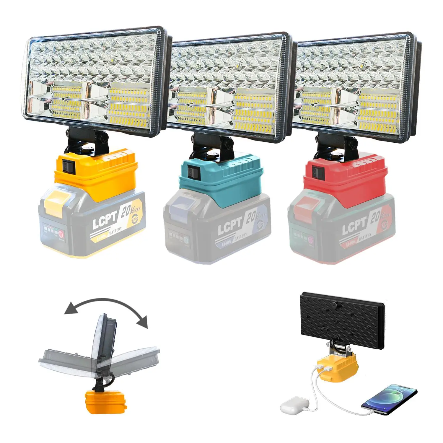 8-Inch Cordless LED Work Light for 18V/20V Battery, Portable LED Flashlight with USB & Type-C Charging Port, Lamp, LED Flood Light for Work, Camping,