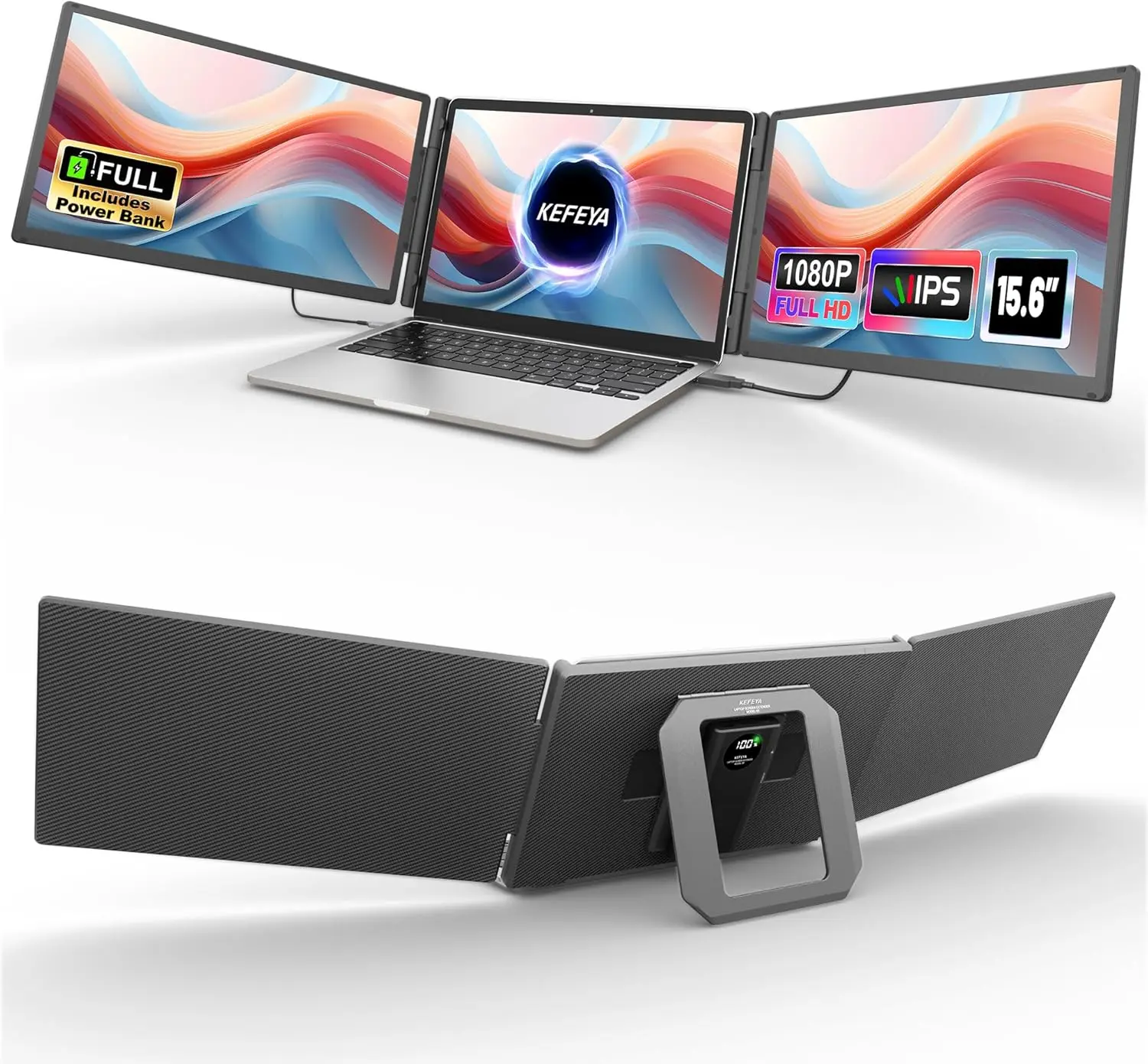 KEFEYA 15.6" Laptop Screen Extender, Includes Power Bank, FHD 1080P IPS Triple Portable Laptop Monitor Extender for 13-17" Laptops, Plug & Play with HDMI/USB-A/TYPE-C/Hub, Compatible with Windows, Mac, Android summerwins computer accessory Display tiktoks