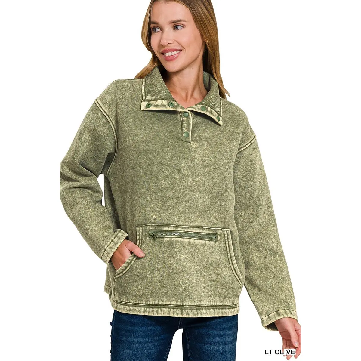 Zenana Fleece Washed High Neck Kangaroo Pocket Sweatshirt