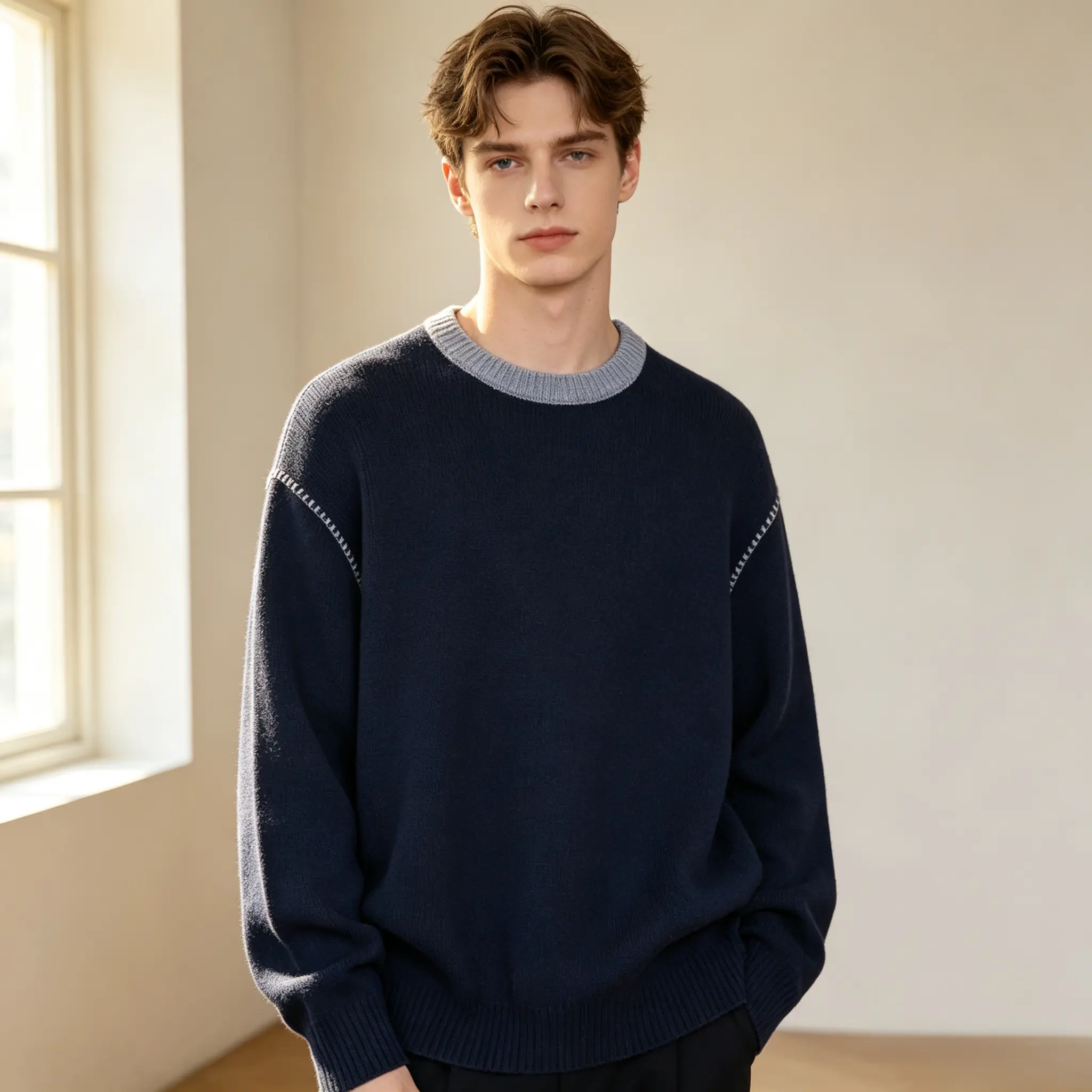 Men’s minimalist knit pullover sweater with a crew neck and regular fit, made from polyester fiber in a street style design; ideal for everyday casual wear in autumn and winter—a fashionable pullover sweater.