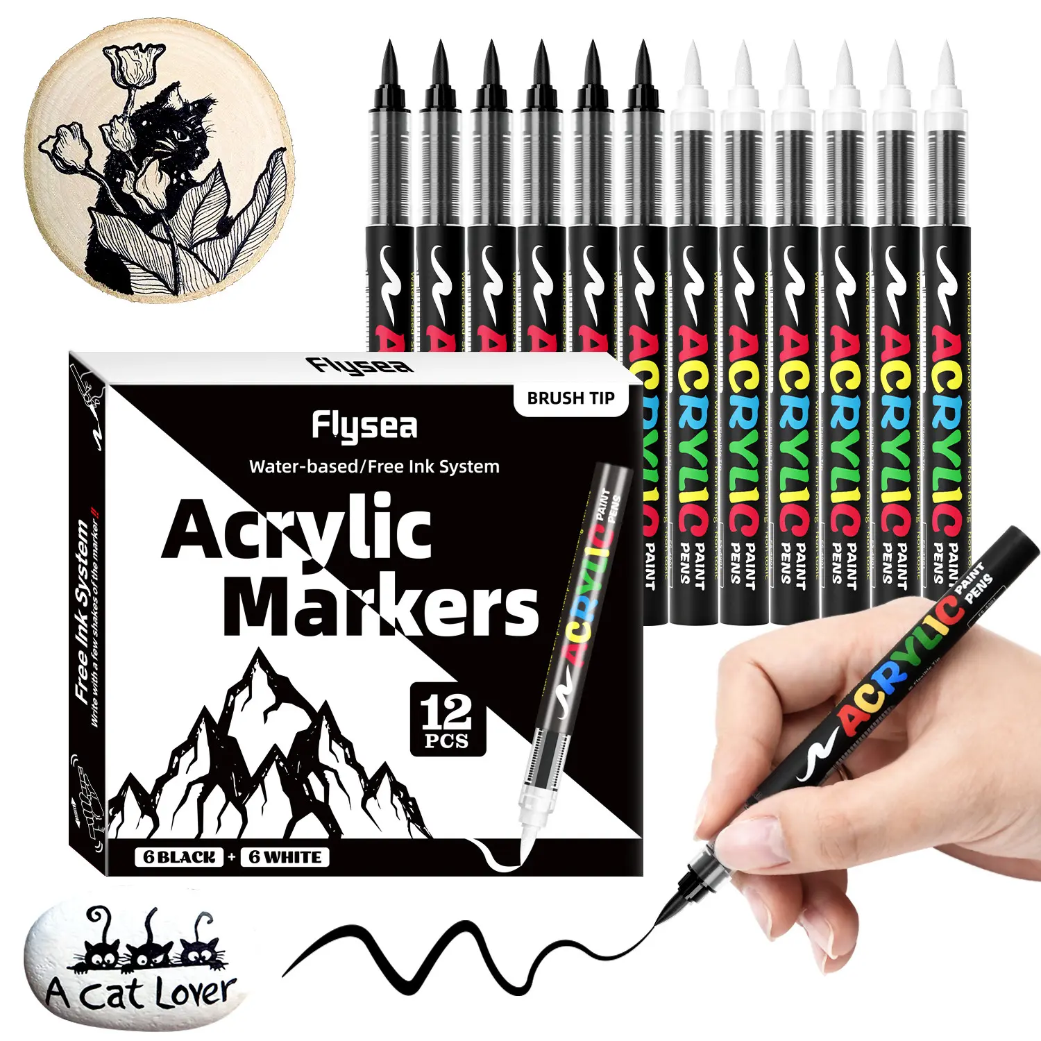 12 pieces, 6 black and 6 white, automatic ink control acrylic paint markers, Paint markers set, alcohol markers, art supplies, Diy painting supplies, suitable for rock painting, canvas, fabric, wood