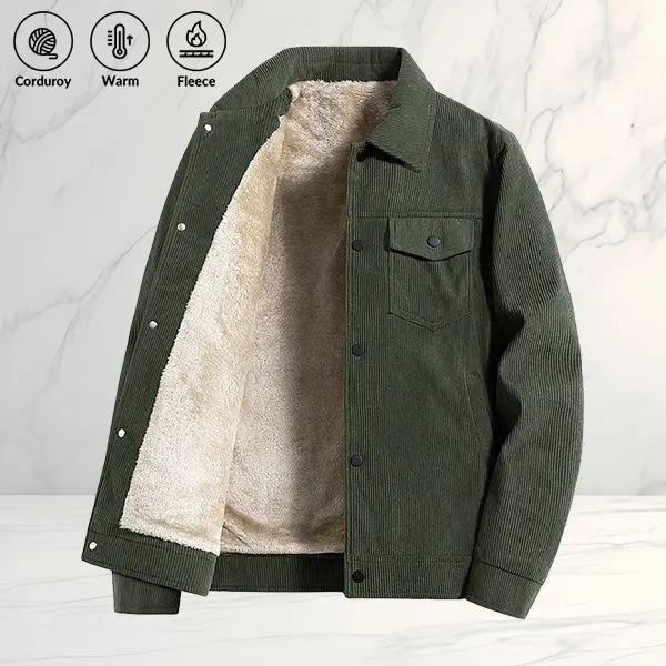 Men's Vintage Corduroy Jacket, Solid Color Thickened Warm Fleece Lined Collar Casual Style Fall Winter Commuter Streetwear Coat Beige Long Sleeve