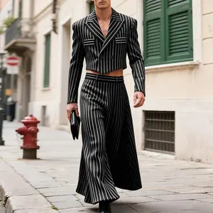 INCERUN Men's Formal Aesthetic Fashion Elegant Longsleeves 80s Power Suit - 2-Piece All-Season Cropped Blazer and High-Waist Striped Ensemble, Gender-Fluid Tuxedo for Galas, Menswear Clothing Set