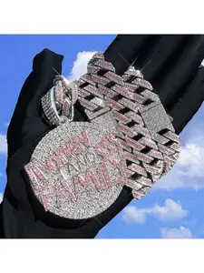 Full Diamond Multi-Color Letter Round Pendant Fashionable Unique Hip-Hop Trend Cuban Necklace Cuban Link Chain